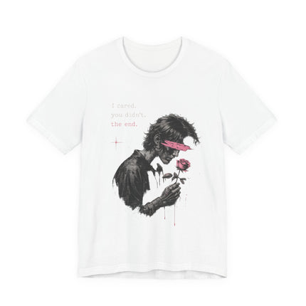 Romantic Goth Tee — Blindfolded Figure Holding Rose Graphic T-Shirt