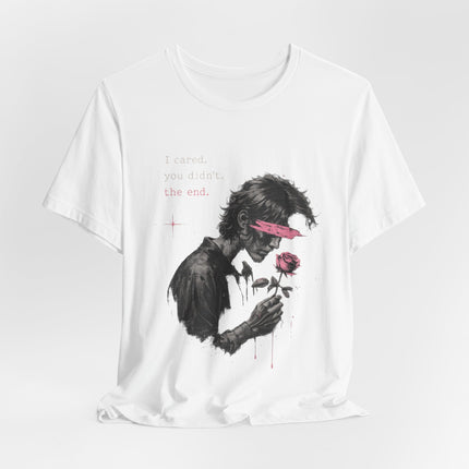 Romantic Goth Tee — Blindfolded Figure Holding Rose Graphic T-Shirt