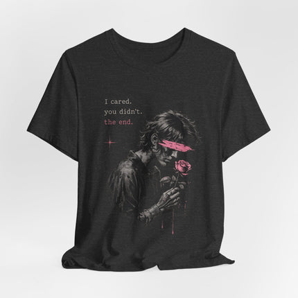 Romantic Goth Tee — Blindfolded Figure Holding Rose Graphic T-Shirt
