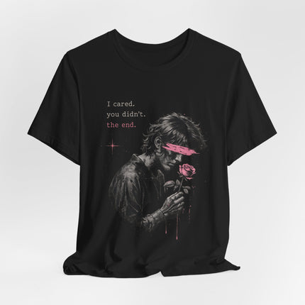 Romantic Goth Tee — Blindfolded Figure Holding Rose Graphic T-Shirt