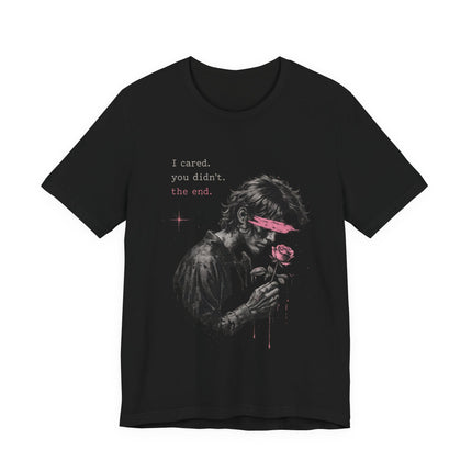 Romantic Goth Tee — Blindfolded Figure Holding Rose Graphic T-Shirt