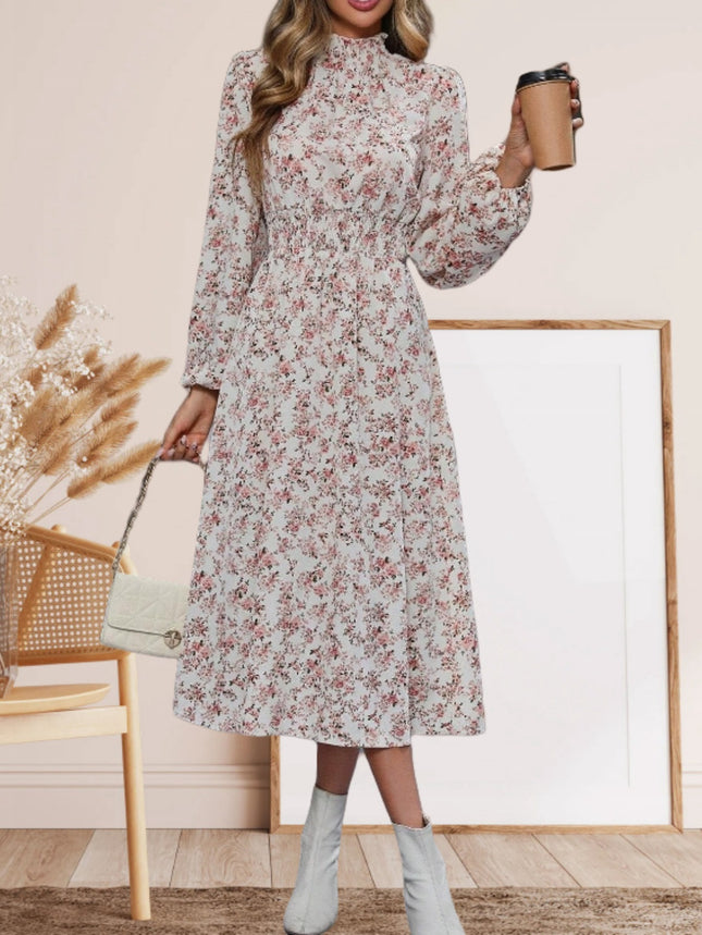 Small-floral Elastic-waist High-neck Long-sleeve Dress