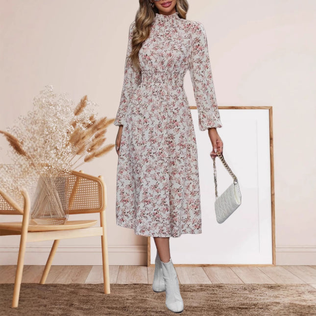 Small-floral Elastic-waist High-neck Long-sleeve Dress