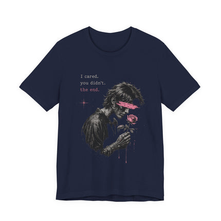 Romantic Goth Tee — Blindfolded Figure Holding Rose Graphic T-Shirt