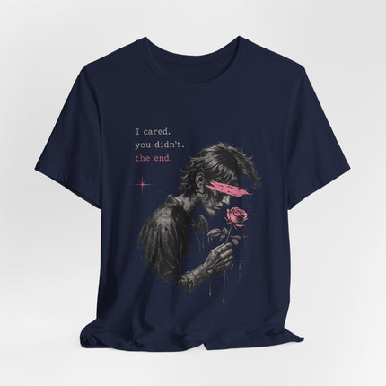 Romantic Goth Tee — Blindfolded Figure Holding Rose Graphic T-Shirt